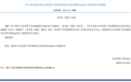 關(guān)于發(fā)布2025年江蘇省資產(chǎn)評估機構(gòu)綜合評價獲得AAA及以上機構(gòu)名單的通告